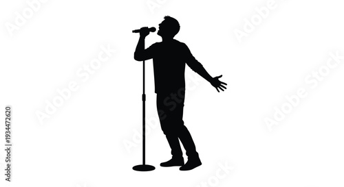 A singer performing with a microphone dramatic pose black figure silhouette