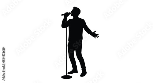 A singer performing with a microphone arms outstretched in black silhouette