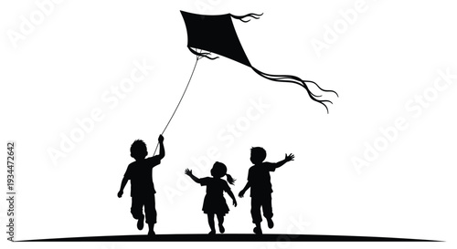 Children joyfully running with a kite against a bright sky silhouette