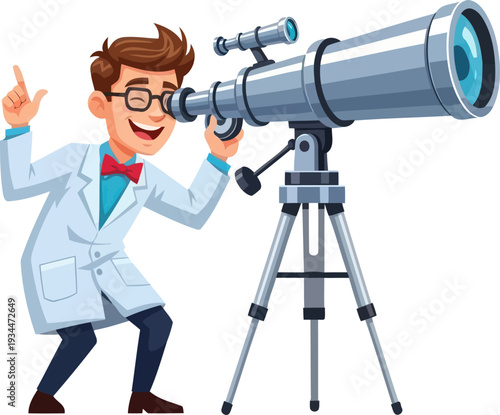 Enthusiastic scientist observing stars through large optical telescope