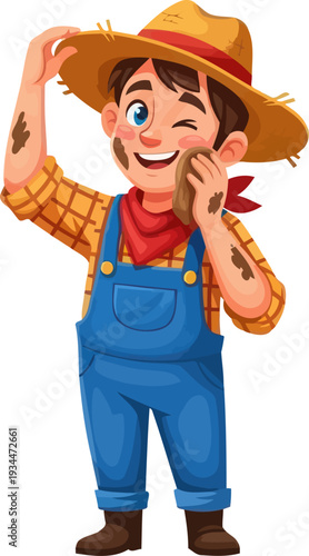 Exhausted farmer wiping mud from his face after work