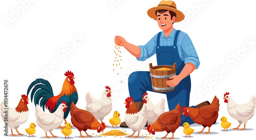 Farmer feeding a flock of chickens and roosters