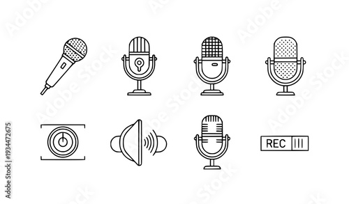 A set of vector graphic microphone icons for audio recording and playback