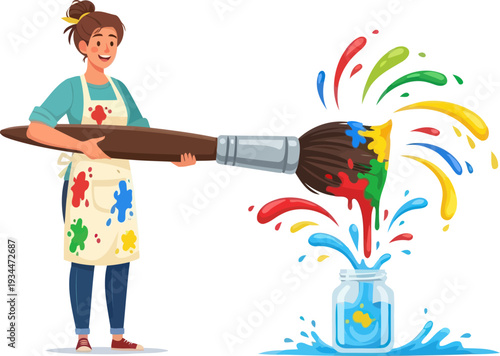 Female artist holding giant paintbrush with splashes