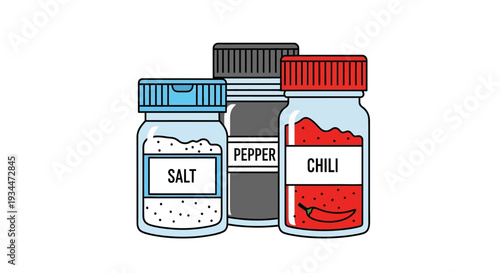 Colorful spice jars with salt, pepper, and chili for culinary delight