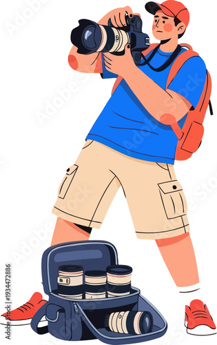 Freelance photographer taking a photo with a bag of extra lenses