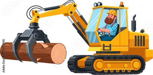 Forestry worker operating heavy log loader machine