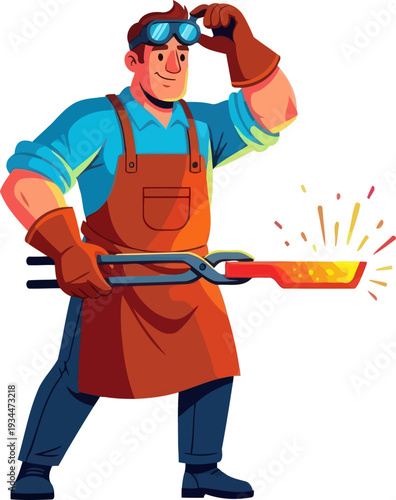 Metalworker forging hot iron with industrial tongs