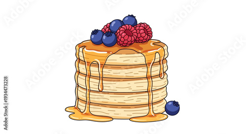 Delicious stack of pancakes with syrup and fresh berries