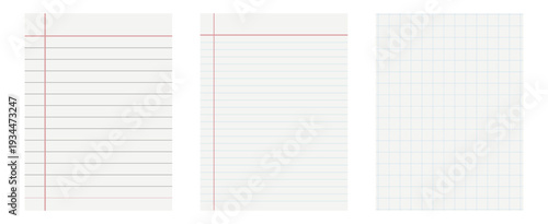 Realistic lined and checkered sheets note paper. Lined, Grid & Blank on Transparent Background. Blank pages of school notebook. 
