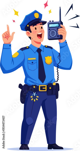 Police officer communicating via walkie talkie on duty