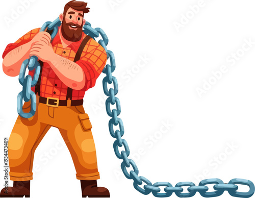 Powerful man pulling massive metal chain over his shoulder