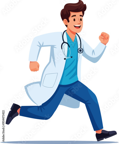 Physician sprinting urgently to a medical emergency