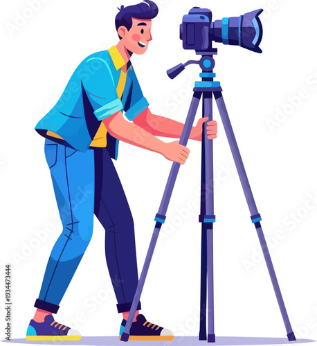 Professional photographer adjusting camera on tripod for photoshoot