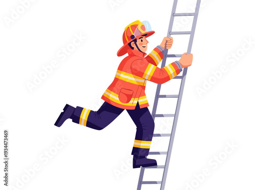 Rescuer scaling a vertical ladder in a fire emergency