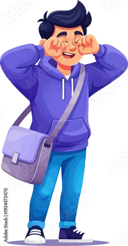 Sad student crying while carrying a messenger bag
