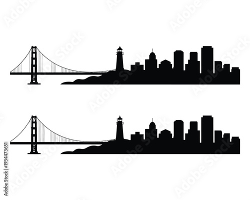 Silhouette of san francisco skyline featuring the golden gate bridge in two views