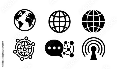 A set of black and white vector icons representing global communication and networking