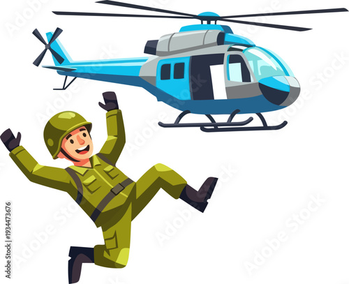 Soldier jumping out of military transport helicopter