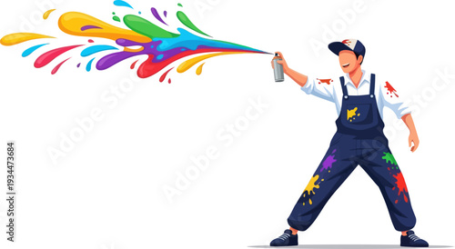 Street artist spraying vibrant colorful paint splash