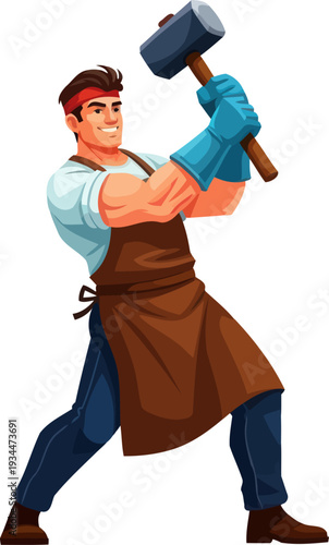 Strong blacksmith swinging a heavy sledgehammer in the forge