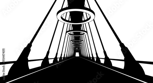 Futuristic walkway perspective features a series of overhead ring lights