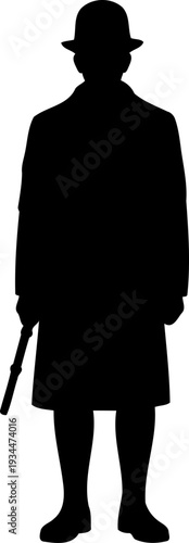 Gentleman silhouette wearing a bowler hat and holding a walking stick
