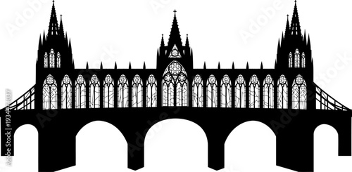 Gothic cathedral architecture bridge with ornate spires and stained glass motifs