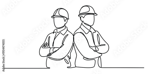 Minimalist continuous line drawing of two engineers in hard hats