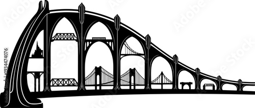 Gothic style bridge silhouette with multiple pointed arches