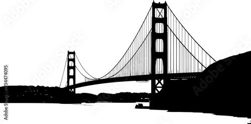 Iconic suspension bridge silhouette spans over a wide coastal bay