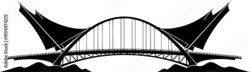 Modern architectural bridge silhouette featuring decorative sail-like structures