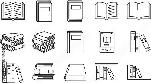 Book and Reading Icon Set with Open Books, Stacked Literature, Ebooks, and Library Shelf Symbols in Outline Vector Style