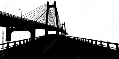 Modern suspension bridge with streetlights in perspective