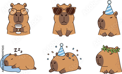Cute Capybara Cartoon Collection with Party Hat, Sunglasses, Coffee Cup and Sleeping Pose Vector Illustration Set