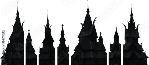 Dark Norwegian Stave Churches Collection: Silhouette Icons of Historic Medieval Wooden Architecture for Cultural Heritage and Tourism Themes