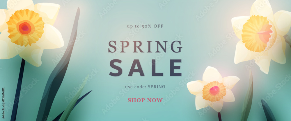Fototapeta premium Spring sale banner with beautiful narcissus flowers vector illustration. Floral background for seasonal shopping, discounts and marketing promotion. Elegant design with blooming daffodils