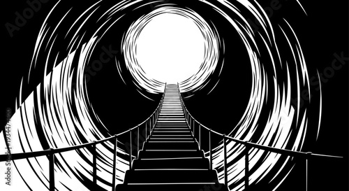 Staircase ascending into glowing circular tunnel opening