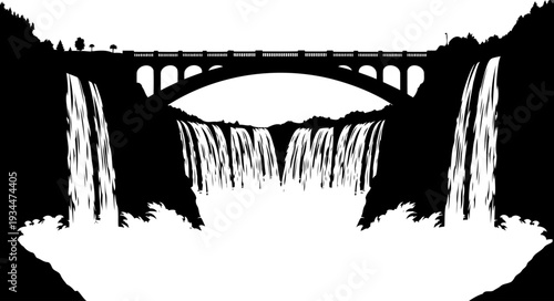Silhouette of a stone arch bridge spanning across a massive cascading waterfall