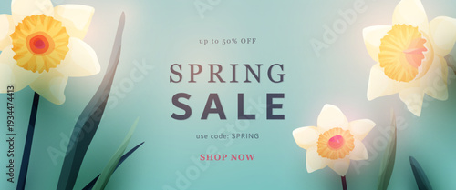 Spring sale banner with beautiful narcissus flowers vector illustration. Floral background for seasonal shopping, discounts and marketing promotion. Elegant design with blooming daffodils