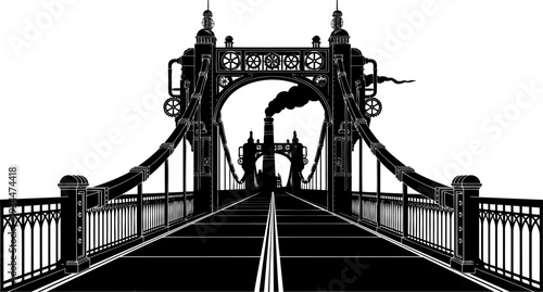 Steampunk industrial bridge silhouette with gears pipes and smoke