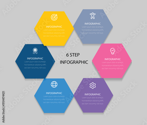 Vector infographic label design template with modern hexagon layout. Business concept with 5 steps, options.   Five colorful graphic elements. 