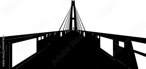 Sleek architectural bridge perspective leading toward a tall central pylon