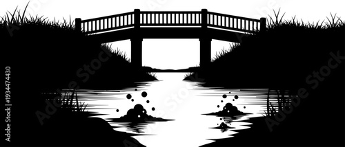 Small wooden bridge silhouette over a stream with water splashes