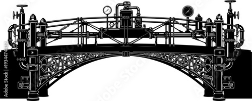 Steampunk bridge silhouette with pipes and clockwork gears