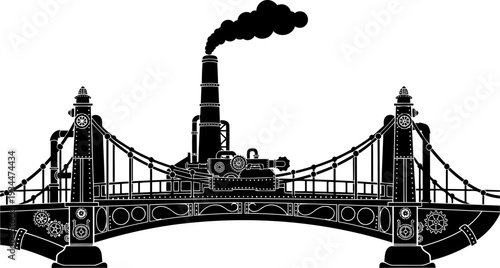 Steampunk industrial bridge with smoking chimney