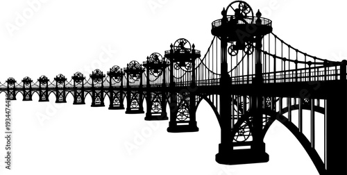 Steampunk suspension bridge featuring massive mechanical gears and cogs