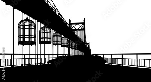 Surreal suspension bridge with decorative birdcages hanging from the structure