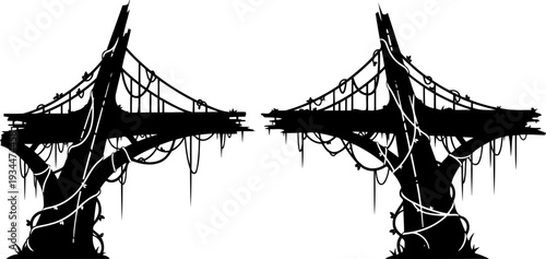 Surreal fantasy bridge silhouette made of ancient twisted tree roots and vines