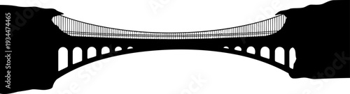 Suspension bridge spans across a deep canyon between two rocky cliffs